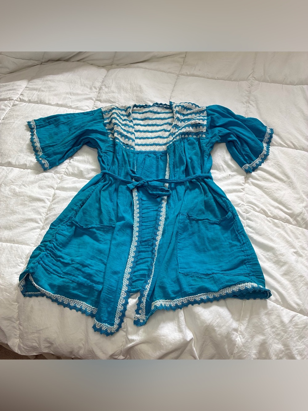 Boho Blue Kimono Robe Cover Up with White Trim